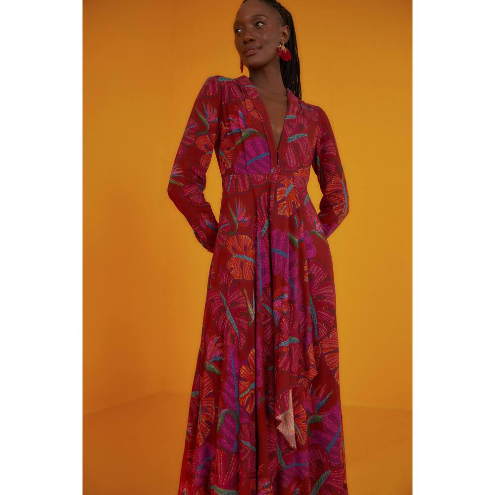 Farm Rio Red Delicate Leaves Maxi Dress